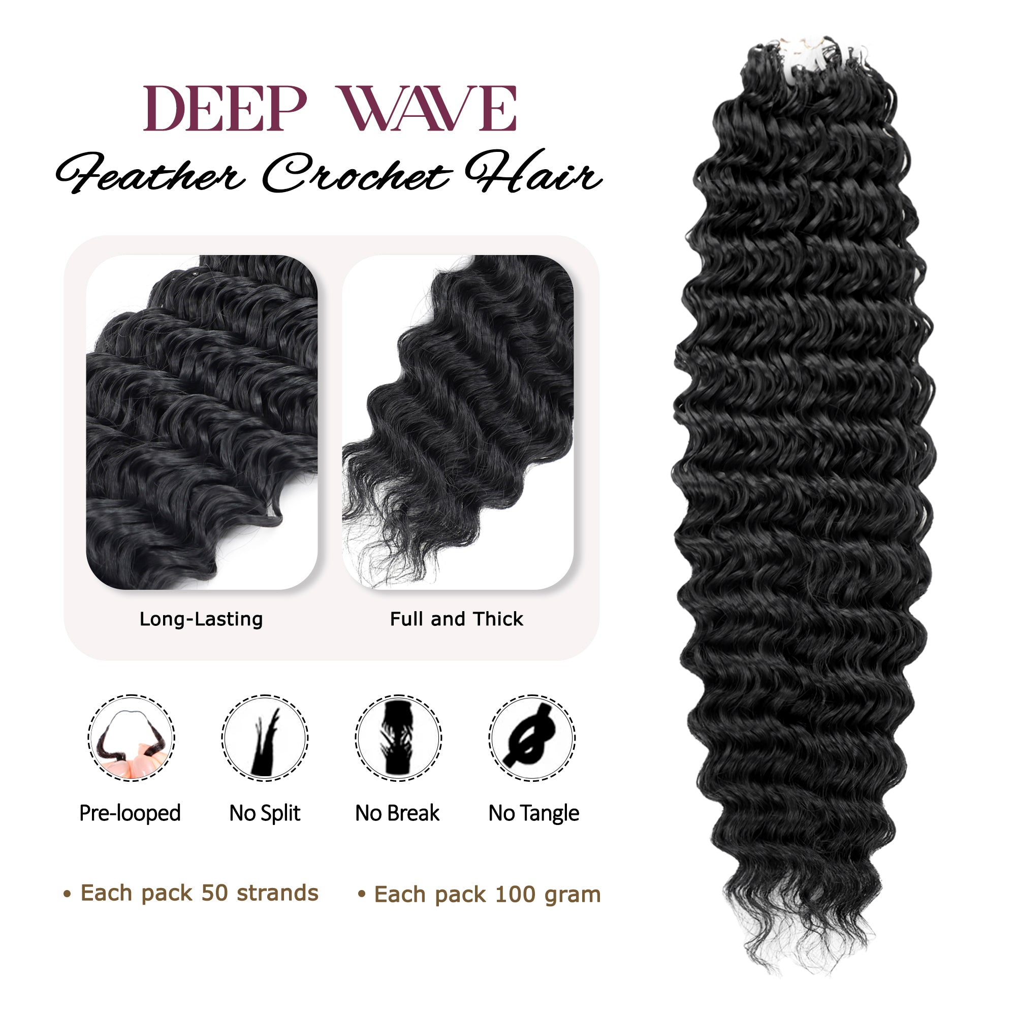 Feather Crochet Hair For Black Women, 18 Inch 100 Strands Synthetic Pre-Separated Deep Wave For Miracle Knots Crochet Braids Hair