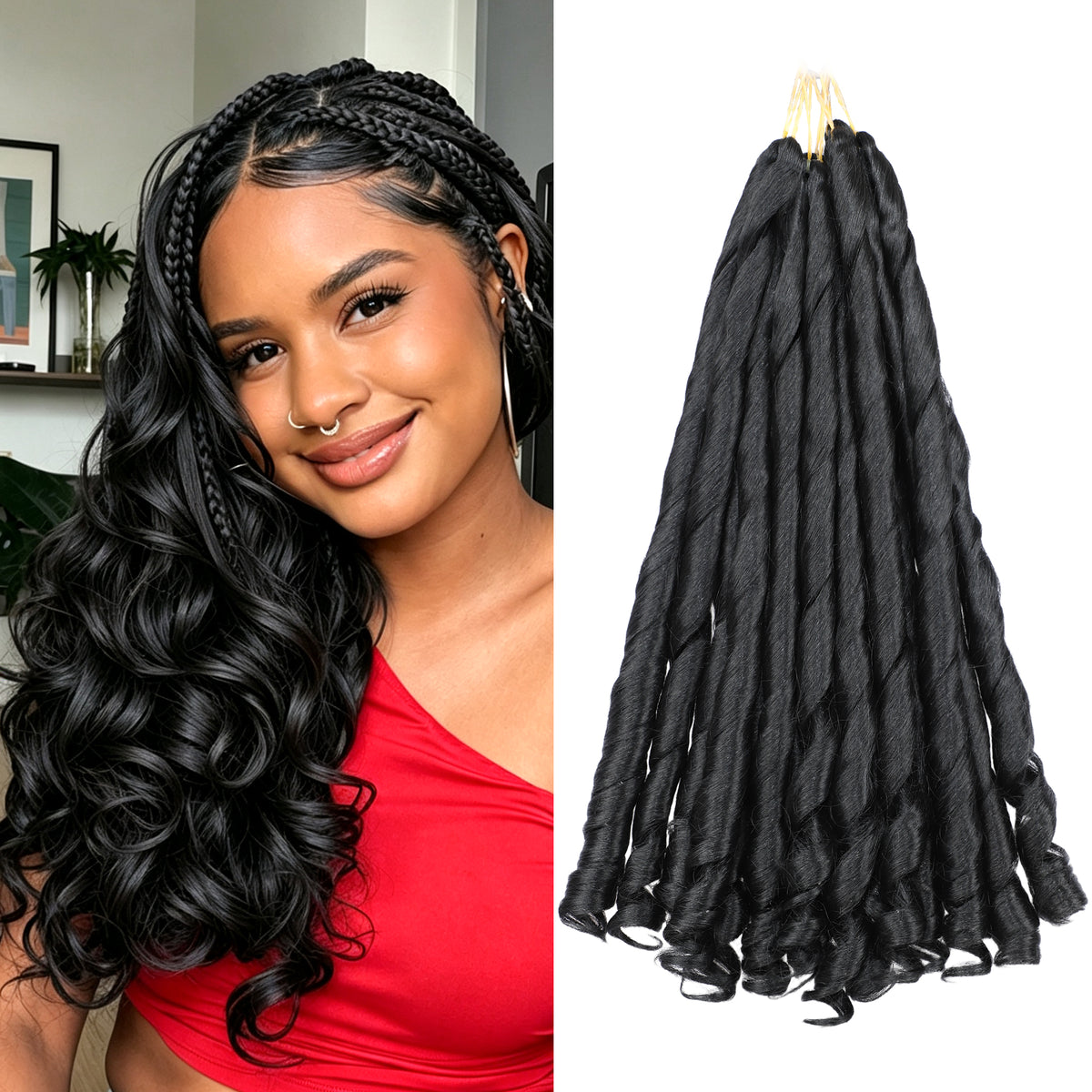 Human Hair Blend French Curl Braiding Hair 12-18 Inch 1B 8 Packs